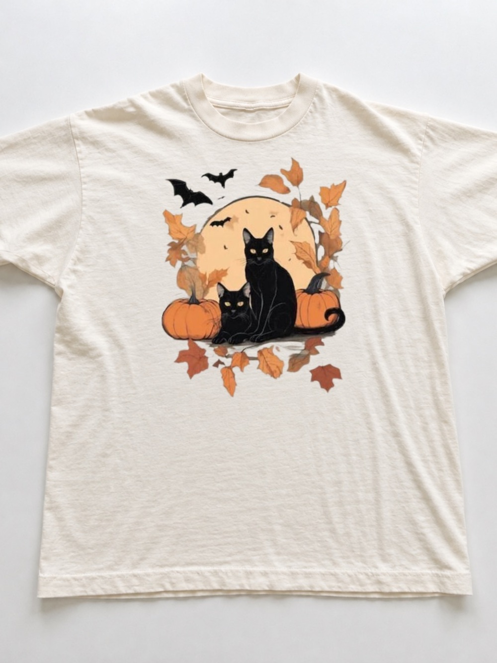 Off White Short Sleeve Tee with Black Cat Fall Graphic